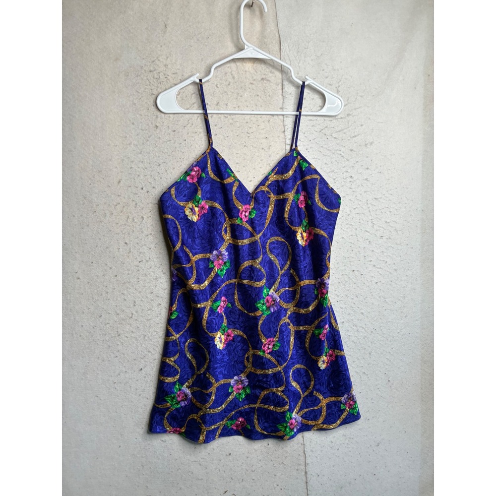 Vintage Val Mode Lingerie Blue Floral Gold Chain Satin Chemise Nightgown Medium